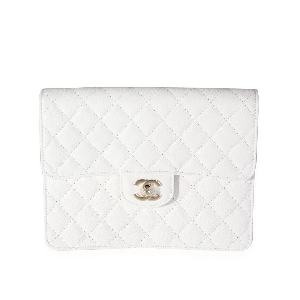 Chanel White Quilted Caviar Classic Flap Case